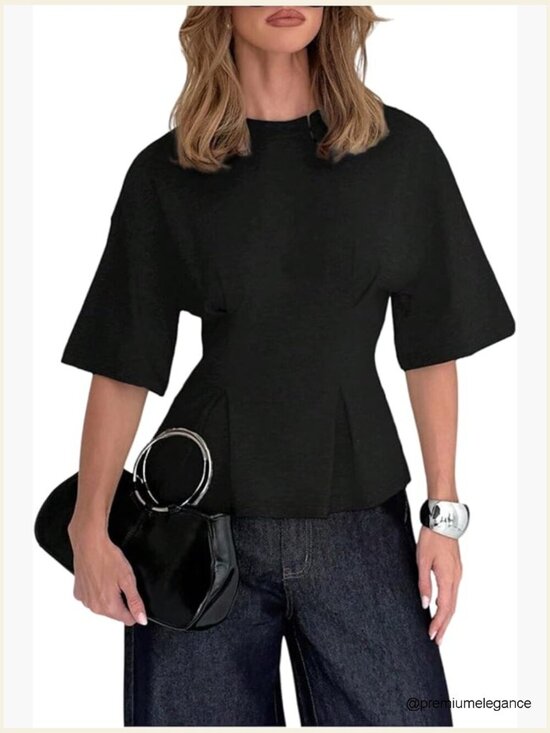 Tops - Cinched Waist Half Sleeve Crew Neck T-Shirt Peplum Top